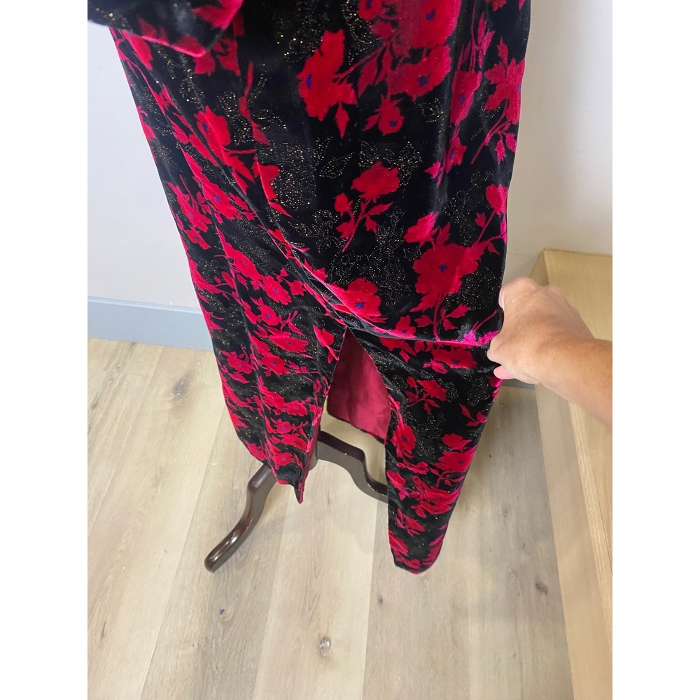 Vintage 60s 70s Black Fuschia Floral Velvet Sparkles Cheongsam Maxi Dress M/L - Picture 5 of 8